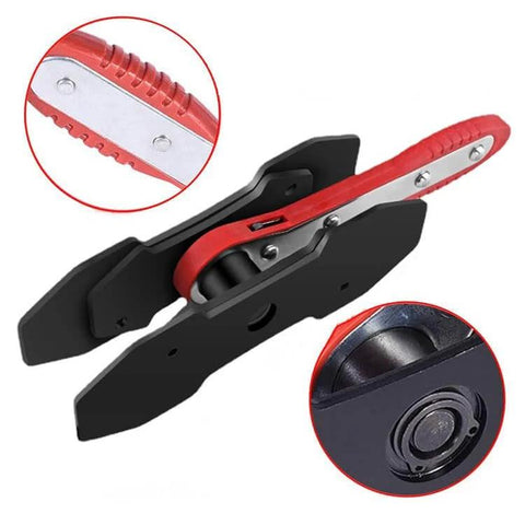 Heavy Duty Brake Caliper Press And Piston Spreader Kit With Ratchet Includes 2 Extra Steel Plates For Single Twin Or Quad Piston Calipers Pro Grade Auto Repair Tool For DIY Mechanics showing red handle and ratchet mechanism