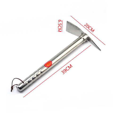 Stainless Steel Double Headed Hoe And Pickaxe Garden Tool for Weeding and Planting with ergonomic handle, shown on white background.