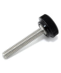 Close-up of Four Pack Size 8-32 Thread 1 Inch Long Stainless Thumb Screws With Grippy Black Knurled Round Knobs.