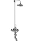 Heavy Duty Exposed Thermostatic Shower System Featuring Slick Polished Nickel Finish And No Hassle Rough Install Trim Kit with showerhead and valves.