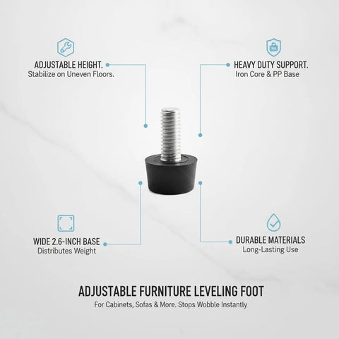 Adjustable Furniture Leveling Feet For Cabinets And Sofas, Durable PP Plastic With Iron Core, 2.6 x 2.9 Inches, shown with labels