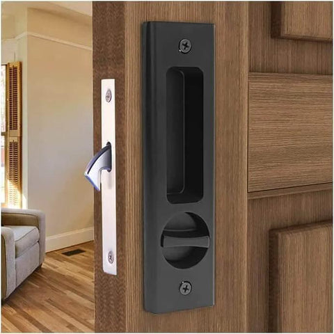 Sliding Barn Door Locks With Invisible Door Handle And Keys for wood pocket doors, black hardware, installed on wooden door