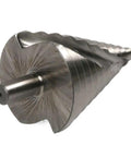 Top Shelf HSS Step Drill Bit Set, Spiral Grooved Cone Chuck For Metal And Wood, Rapid Diameter Swapping From 6 To 60 MM, close-up view of step drill bit.