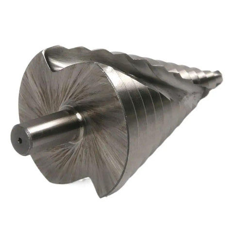 Top Shelf HSS Step Drill Bit Set, Spiral Grooved Cone Chuck For Metal And Wood, Rapid Diameter Swapping From 6 To 60 MM, close-up view of step drill bit.