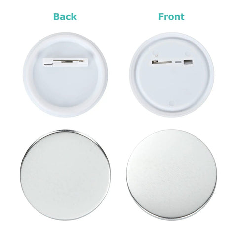 Front and back view of components in Three Inch Button Maker Kit With 800 Pieces Of Button Parts For DIY Badge Making Includes 200 Metal Button Covers 200 Back Pins 200 Clear Films And 200 Blank Papers.