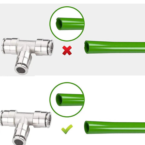 Diagram illustrating connection compatibility for One Quarter Inch Push To Connect Air Line Tee Fittings Brass Five Pack Built Tough.