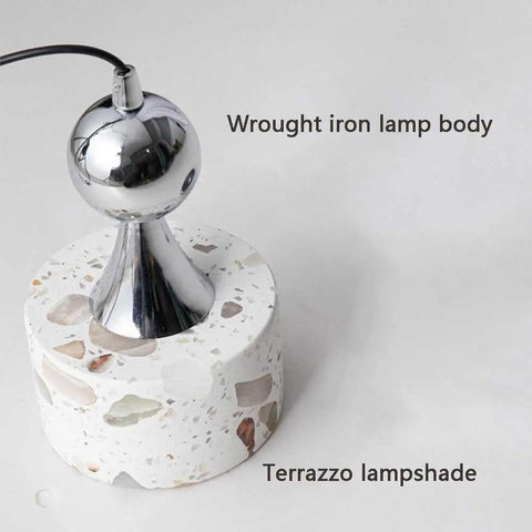 Terrazzo Small Pendant Light, 4.7 Inch Chrome Hanging Fixture with wrought iron body and terrazzo lampshade details.