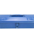 Badass Heavy Duty Iron Toolbox With Secure Lock And Reinforced Cross Punched Base 24 Inch Multifunctional Tool Chest in blue with latch and handle.