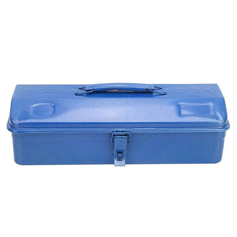 Badass Heavy Duty Iron Toolbox With Secure Lock And Reinforced Cross Punched Base 24 Inch Multifunctional Tool Chest in blue with latch and handle.