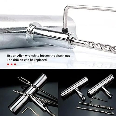 Knuckle Tough Roadside Flat Tire Repair Kit 61 Piece Set with interchangeable drill bits and Allen wrench for easy use.