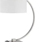 Belfort Metal Desk Lamp With Two Power Outlets And A USB Charging Port In Brushed Steel Arc Style Task Light With White Shade