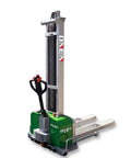 All Electric Dump Forklift Pallet Stacker With Portable Lifting Truck and Fixed Cross Leg Design showcases compact design and 2204 lbs capacity.