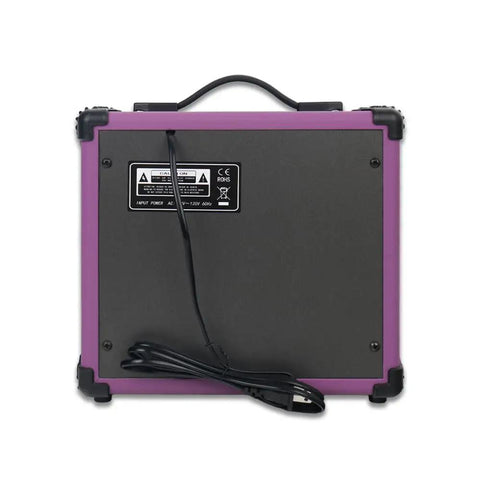 Back view of Purple 20W Bass Amp Portable Practice Speaker with cable, six-point-five-inch driver, ideal for home or outdoor jams.