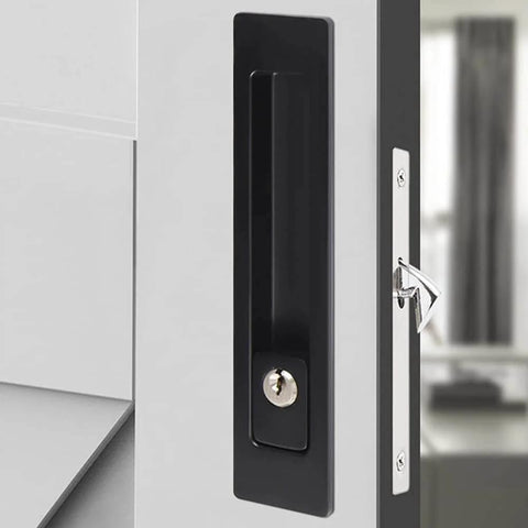 7.1 Inch Sliding Door Mortise Lock Latch With Invisible Recessed Handle For Interior Wood Pocket Doors Black Finish Installed