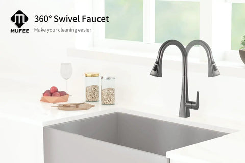 High Arc Single Handle Kitchen Faucet With Pull Down Sprayer In Matte Gray Stainless Steel Commercial Grade Build RV Friendly Laundry Sink Compatible Swan Neck Design For Modern Kitchens