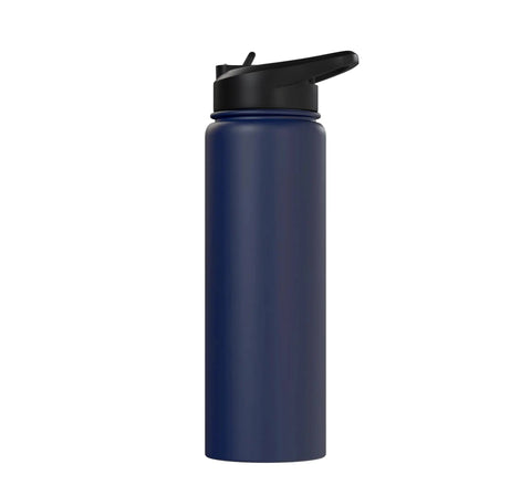 Aggressively Hydrated Run Club Stainless Steel Insulated Water Bottle With Retro Rainbow Graphic, navy blue, side view
