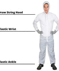 Fresh White Nylon Spray Paint Coveralls With Kickback Ready Lint Free Construction And Lowkey Comfortable Fit For Auto Body Shop Refinishing Industrial Painter Wardrobe And Serious Overspray Defense. Model in coveralls showing drawstring hood, elastic wrists, and ankles.