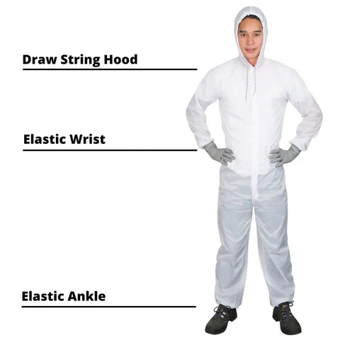 Fresh White Nylon Spray Paint Coveralls With Kickback Ready Lint Free Construction And Lowkey Comfortable Fit For Auto Body Shop Refinishing Industrial Painter Wardrobe And Serious Overspray Defense. Model in coveralls showing drawstring hood, elastic wrists, and ankles.