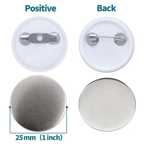 Total Game Changer 500 Piece 25 Millimeter Button Maker Kit For 1 Inch Blank Pin Back Badges showing metal tops and plastic backs.