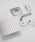 Components of Brushed Nickel Shower Faucet Set With Rainfall System, including solid brass valve, stainless steel shower head, and wall mount arm.