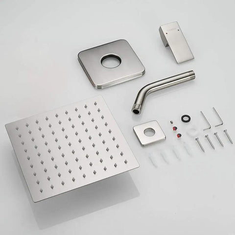 Components of Brushed Nickel Shower Faucet Set With Rainfall System, including solid brass valve, stainless steel shower head, and wall mount arm.