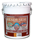 Four Pack PreMixed Redwood Exterior Wood Stain And Sealer Oil Based Semitransparent Finish in large white bucket.