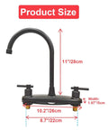 Road Trip Ready Eight Inch Metal RV Kitchen Sink Faucet Featuring Two Handle Design, 11 inch tall, matte black, dual handle.