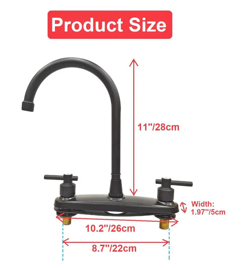 Road Trip Ready Eight Inch Metal RV Kitchen Sink Faucet Featuring Two Handle Design, 11 inch tall, matte black, dual handle.