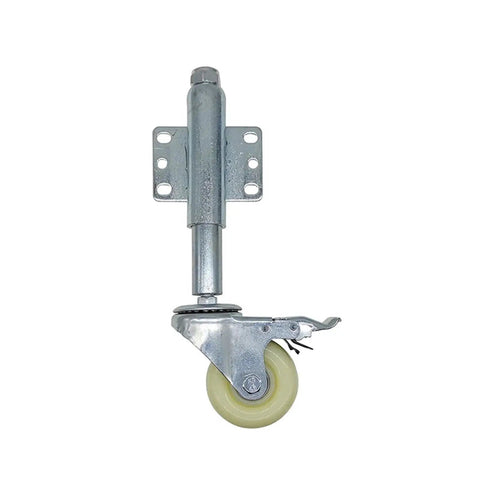 Tough As Nails Heavy Duty Spring Loaded 3 Inch Gate Casters With Brake, rubber wheel and metal fixtures, suitable for yard fences.