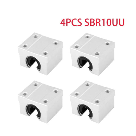 Four white aluminum SBR10UU open-type linear bearing blocks with top mounting holes.