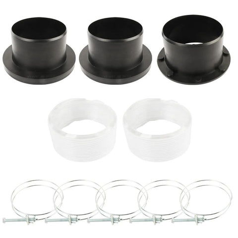 O'SKOOL 4-inch dust collector port fittings set; 3 black flange adapters, 2 white threaded rings, 5 hose clamps
