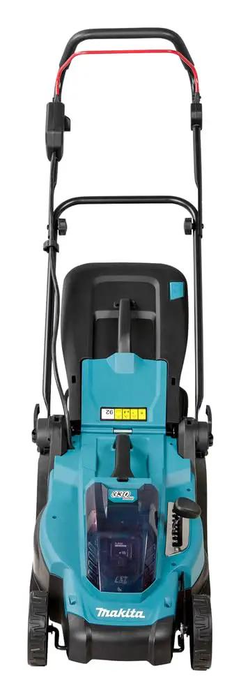 Smooth Operator 18V Li Ion Cordless Lawn Mower With 330mm Two Tooth Mulching Head Three In One Grass Clipping Catcher view from front