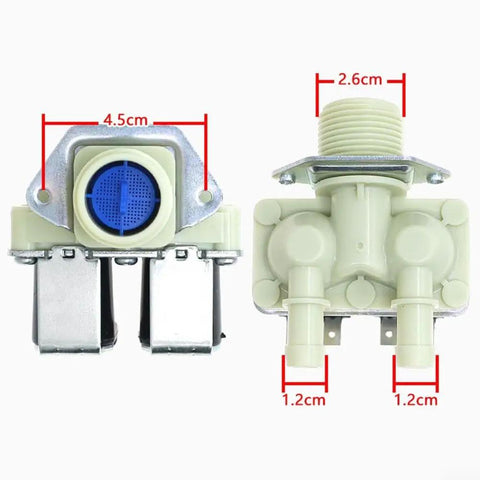Inlet Solenoid Valve Kit for Washing Machines, 180A Dual Head Direct Replacement, 4.5cm front view, metal and plastic build