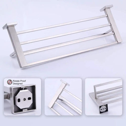 24 Inch Stainless Steel Bathroom Towel Rack And Shelf Wall Mount With Towel Bars All Metal SUS 304 Brushed Finish Built To Last Heavy Duty Storage For Towels And Clothes shown with rotating proof design and sturdy structure.