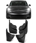 Custom Fit Splash Shields For Tesla Model Y 2020 To 2024 Set Of Four Heavy Duty Rubber Mud Flaps displayed near vehicle front.
