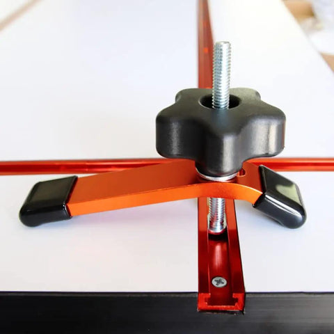 Close-up of clamp on 36 Inch Double Cut Universal T Track With Wood Screws 2 Pack For Drawer Cabinet And Workshop Projects aluminum track