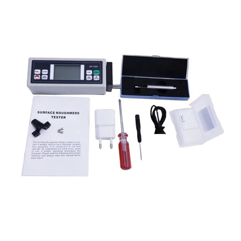 No Sweat Industrial Surface Roughness Tester With Bullet Proof Accuracy And Rapid Fire Charging For Precise Ra Rz Rq Rt Measurements On Any Factory Shop Floor, handheld unit with accessories and manual.