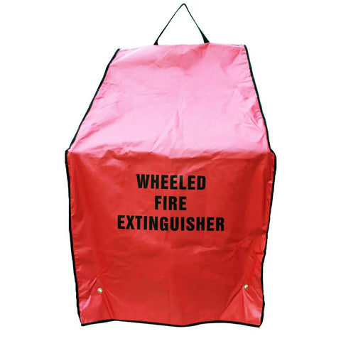 Heavy Duty Weatherproof Rolling Fire Extinguisher Covers Two Pack Fits 50 Lb Units red cover with label, protects wheeled extinguishers.