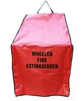 Heavy Duty Weatherproof Rolling Fire Extinguisher Covers Two Pack Fits 50 Lb Units, vibrant red cover with black text.