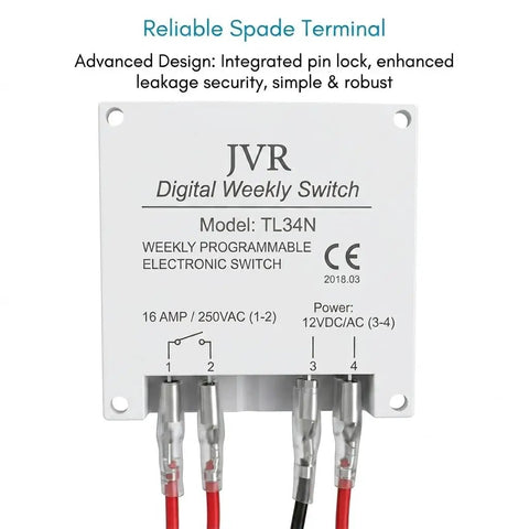 Front view of Programmable 12V Timer Switch With 16 Independent On Off Schedules, Timing Range From 1 Minute To 7 Days, showing terminals.