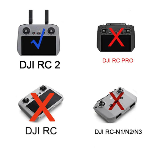 Image showing compatibility of 5.8GHz Yagi-Uda Antenna Amplifier For DJI Remote Controllers with a check on DJI RC2 and crosses on others.