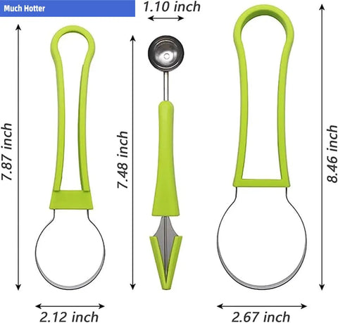 4 In 1 Stainless Steel Fruit Carving Tools Set With Melon Baller Scoop, Watermelon Knife, V-Shaped Carving Tools, Green, with dimensions