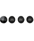 Set Of Four Two One Eighth Inch Black And Chrome Center Wheel Cap Kit For Ford Passenger Cars With Gloss Black Background And Chrome Ford Logo