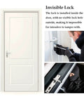 Legit Smart Hidden Deadbolt Electronic Keyless Lock With Remote Control And Smartphone App Access For Totally Invisible Zero Hassle Home Security Game Changer on a white door with a close-up of a tamper attempt.
