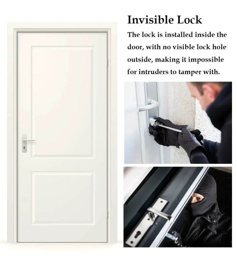 Legit Smart Hidden Deadbolt Electronic Keyless Lock With Remote Control And Smartphone App Access For Totally Invisible Zero Hassle Home Security Game Changer on a white door with a close-up of a tamper attempt.