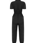 Back view of Womens Zipper Front Mechanic Jumpsuit Oil Resistant Scrub Joggers in black, short sleeve, elastic waist, breathable polyester.