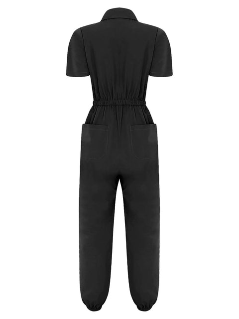 Back view of Womens Zipper Front Mechanic Jumpsuit Oil Resistant Scrub Joggers in black, short sleeve, elastic waist, breathable polyester.