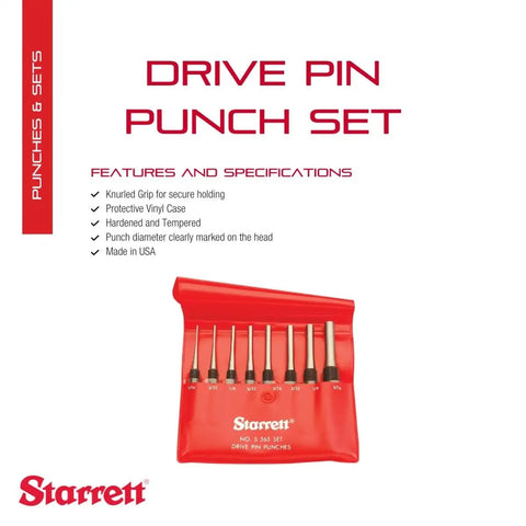 Pro Grade Drive Pin Punch Set With Knurled Grip And Protective Vinyl Case, 4 Inch Length, Includes 1/16, 3/32, 1/8, 5/32, 3/16, 7/32, 1/4, 5/16 Inch Diameters, Hardened Steel, Set Of 8