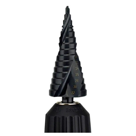Top Tier 3 Piece Step Drill Bit Set Made From HSS With Titanium Nitride Coated For Fast Cutting Smooth Holes In Metal Sheet And Steel Using Triangular Shank, black step drill bit with marked sizes