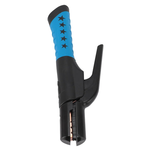 Front view of welding electrode holder with insulated blue grip and black body, copper contact jaws